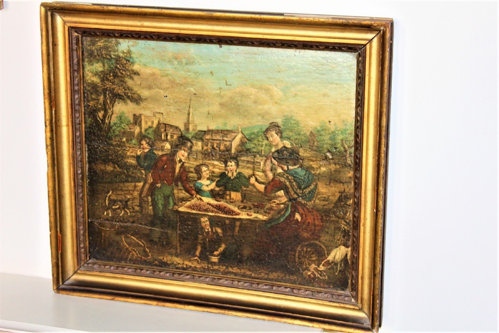 An antique oil painting on a wood panel depicting figures, children, and dogs in a rural village setting, enclosed in a gilded frame. View III