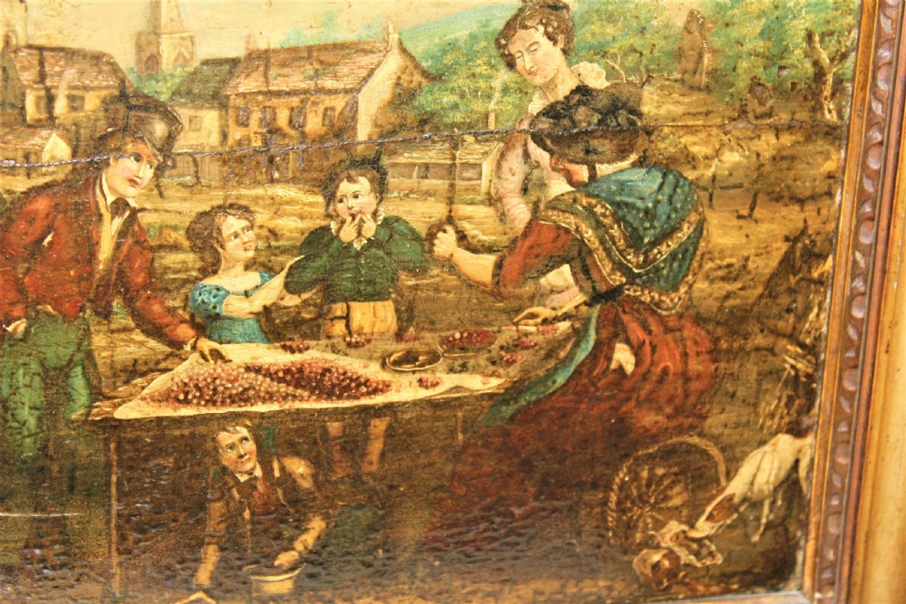 An antique oil painting on a wood panel depicting figures, children, and dogs in a rural village setting, enclosed in a gilded frame. View IV