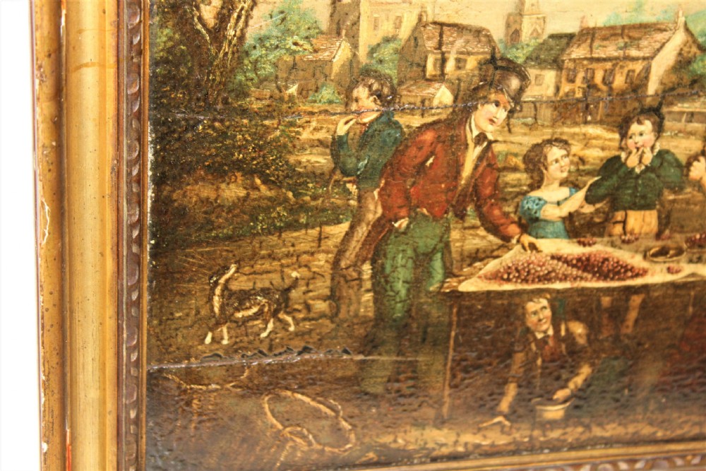 An antique oil painting on a wood panel depicting figures, children, and dogs in a rural village setting, enclosed in a gilded frame. View VI
