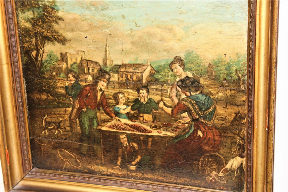 An antique oil painting on a wood panel depicting figures, children, and dogs in a rural village setting, enclosed in a gilded frame. View VII