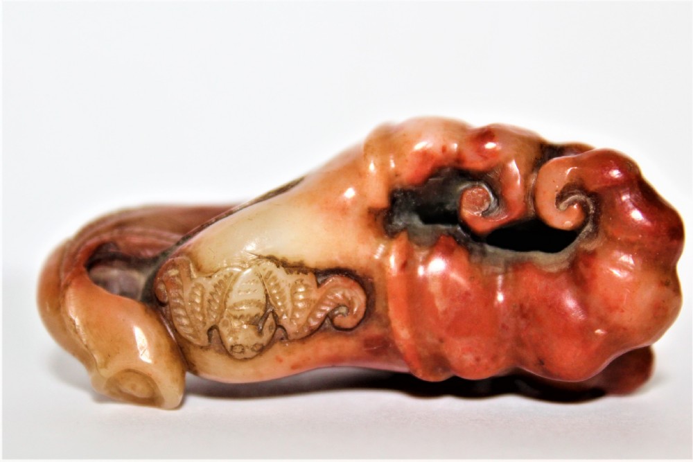 A superb  and tactile carved Chinese soapstone fruiting pod with a Bat feeding possibly a netsuke  View III