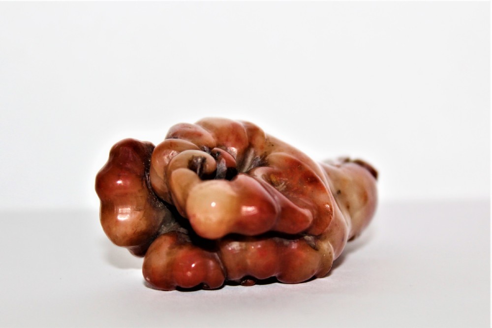 A superb  and tactile carved Chinese soapstone fruiting pod with a Bat feeding possibly a netsuke  View VI
