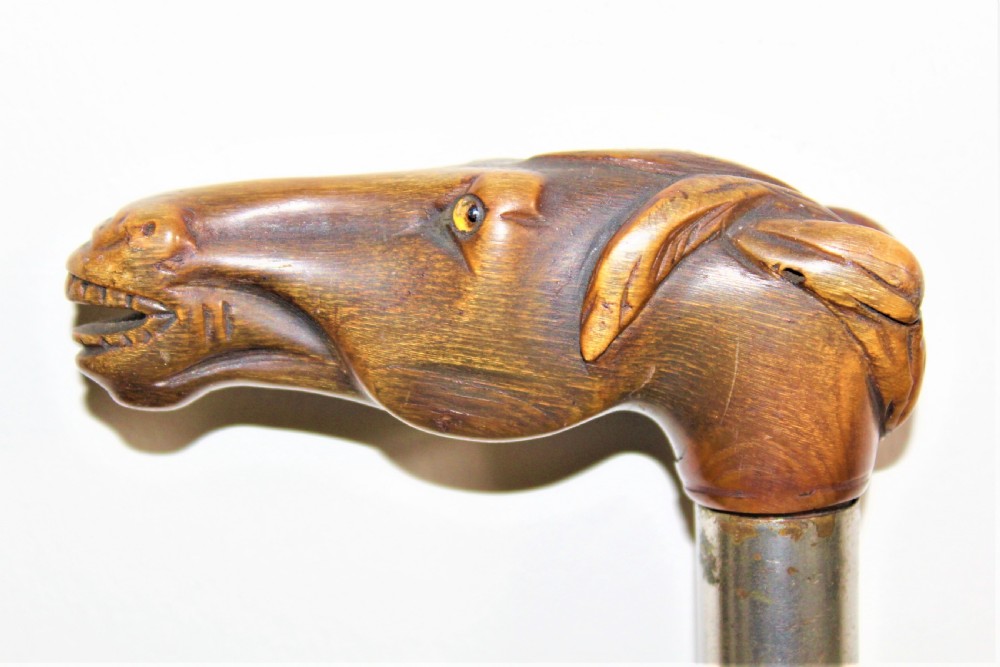 A finely carved horn Victorian walking stick of a horses head 