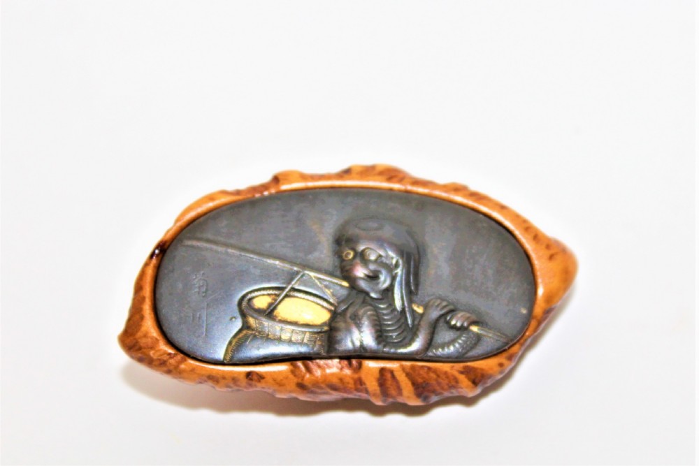 A fine Japanese boxwood Kagamibuta signed mixed metal netsuke  View II