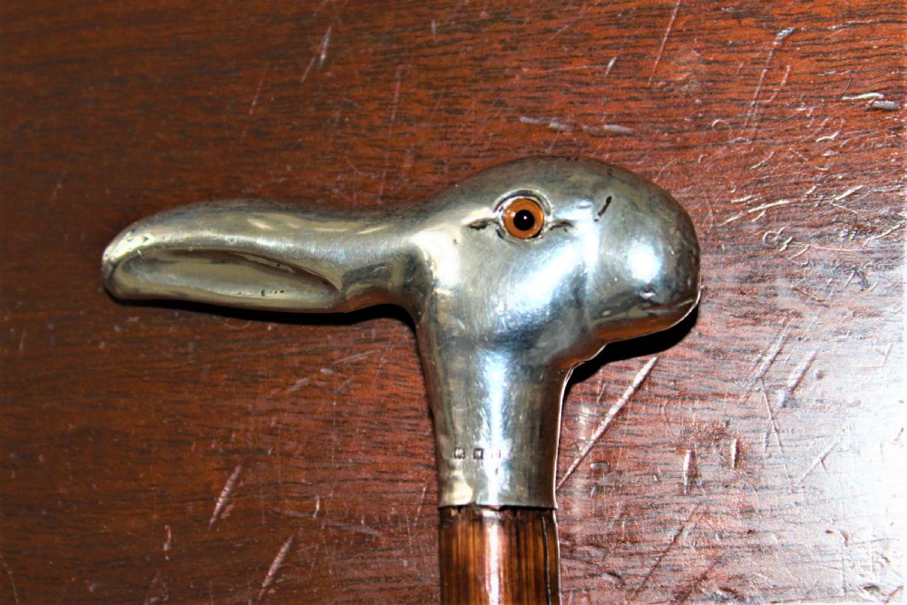 A close-up view of a silver walking stick handle shaped like a hares head with a amber-coloured glass eye and silver hallmarks. View V