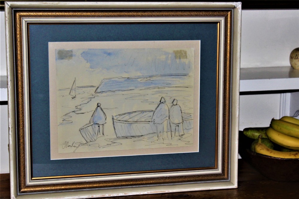 A framed original sketch depicting stylized figures beside boats on a shore, executed in ink with light blue watercolour wash.