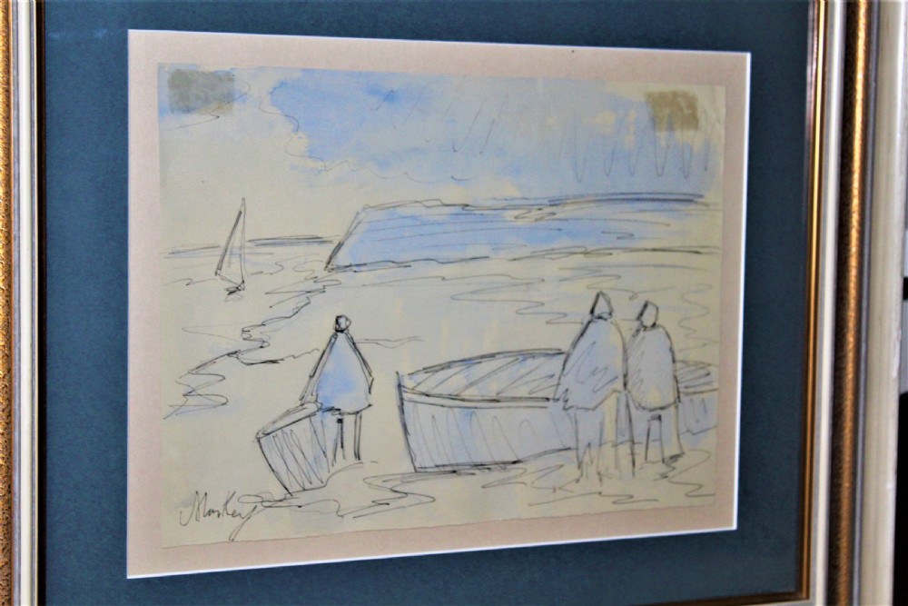 A framed original sketch depicting stylized figures beside boats on a shore, executed in ink with light blue watercolour wash. View II