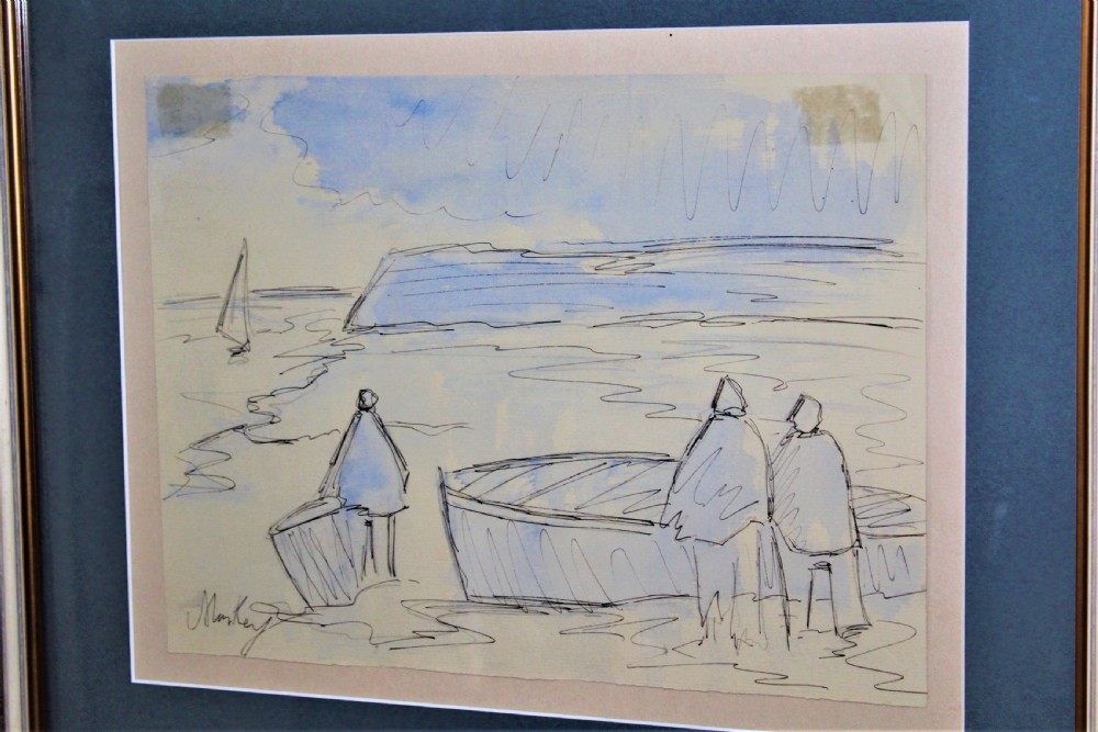 A framed original sketch depicting stylized figures beside boats on a shore, executed in ink with light blue watercolour wash. View III