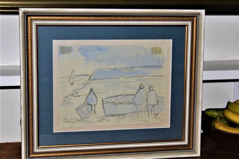 A framed original sketch depicting stylized figures beside boats on a shore, executed in ink with light blue watercolour wash. View IV