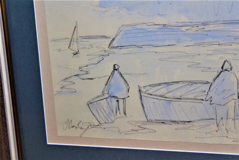 A framed original sketch depicting stylized figures beside boats on a shore, executed in ink with light blue watercolour wash. View V