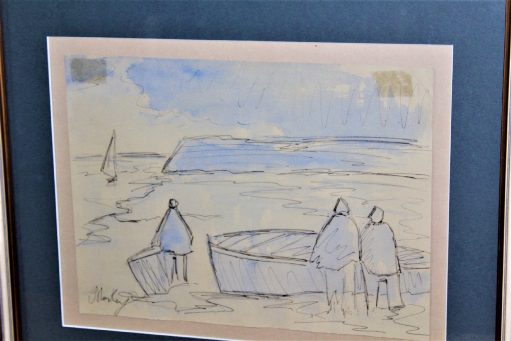 A framed original sketch depicting stylized figures beside boats on a shore, executed in ink with light blue watercolour wash. View VI