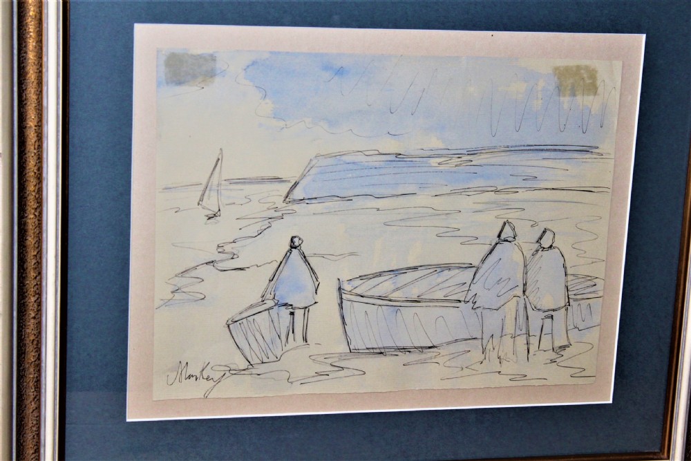 A framed original sketch depicting stylized figures beside boats on a shore, executed in ink with light blue watercolour wash. View VII