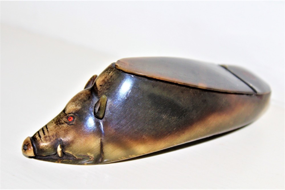 A Victorian novelty buffalo horn snuff box in the form of a wild boar  View VI