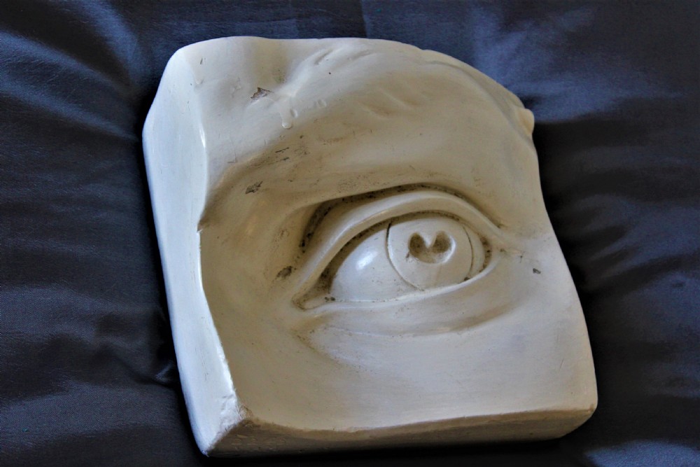 An off-white plaster anatomical cast depicting the detailed eye and eyebrow section of Michelangelos David sculpture.