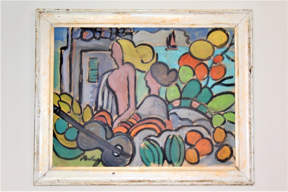 A framed expressionist oil painting depicting stylised figures, a guitar, and fruit against a coastal blue backdrop within a painted white wooden frame.