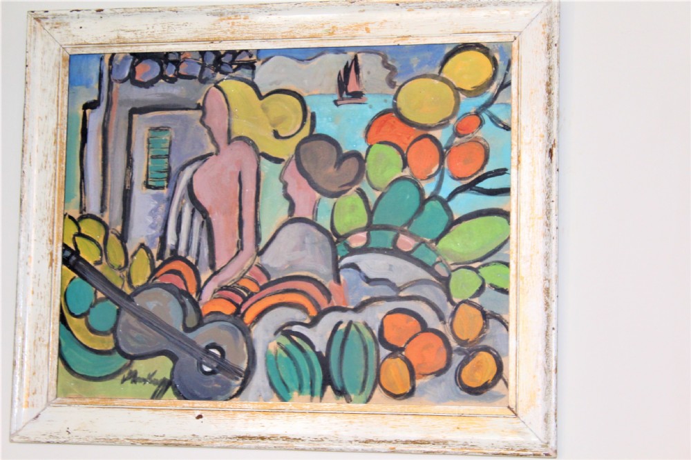 A framed expressionist oil painting depicting stylised figures, a guitar, and fruit against a coastal blue backdrop within a painted white wooden frame. View III