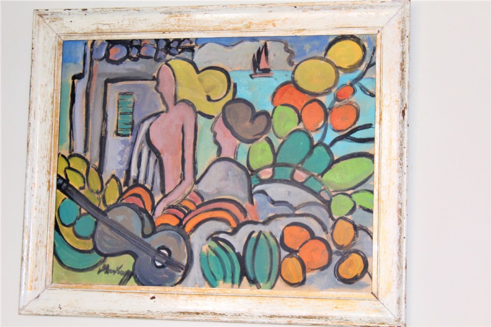 A framed expressionist oil painting depicting stylised figures, a guitar, and fruit against a coastal blue backdrop within a painted white wooden frame. View IV