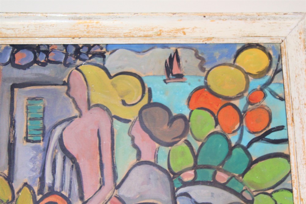 A framed expressionist oil painting depicting stylised figures, a guitar, and fruit against a coastal blue backdrop within a painted white wooden frame. View VI