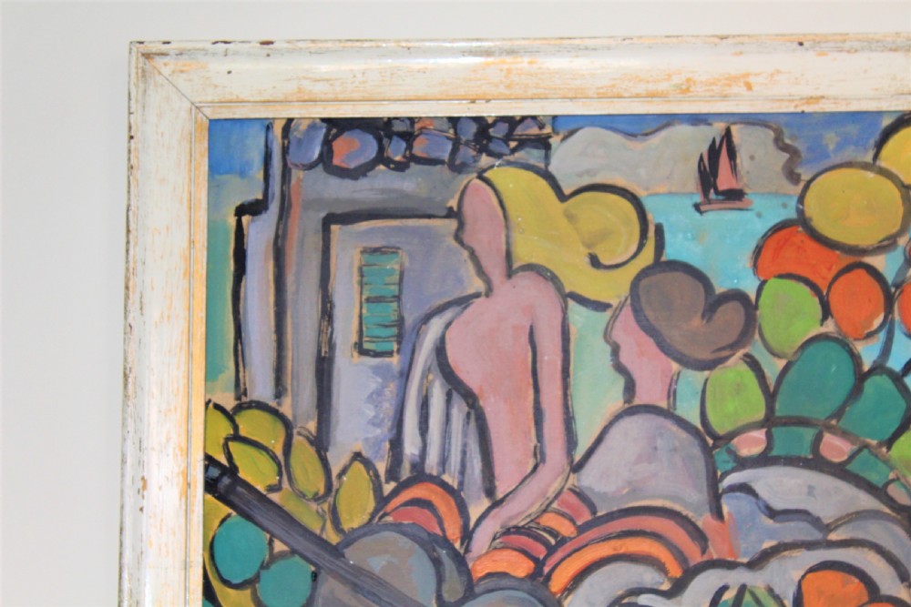 A framed expressionist oil painting depicting stylised figures, a guitar, and fruit against a coastal blue backdrop within a painted white wooden frame. View VII