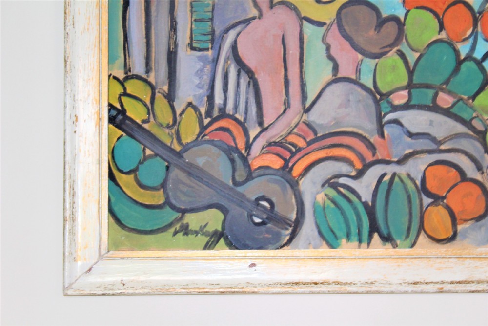 A framed expressionist oil painting depicting stylised figures, a guitar, and fruit against a coastal blue backdrop within a painted white wooden frame. View VIII