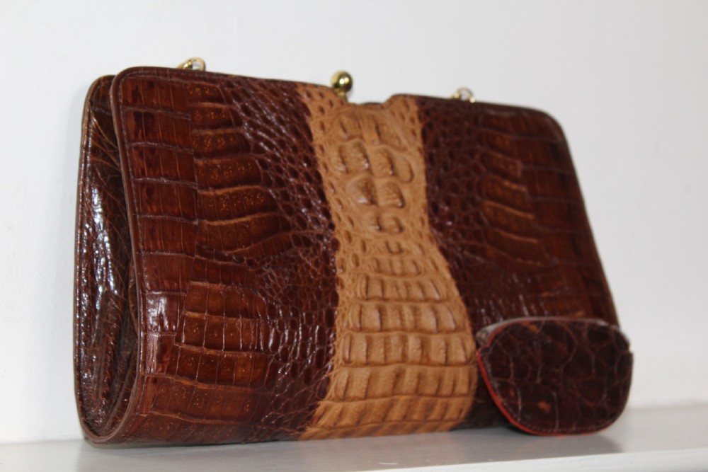 A 1930s Art Deco two-tone brown alligator skin handbag featuring a textured central hornback panel, top clasp closure, and a gilt metal chain strap. View XI