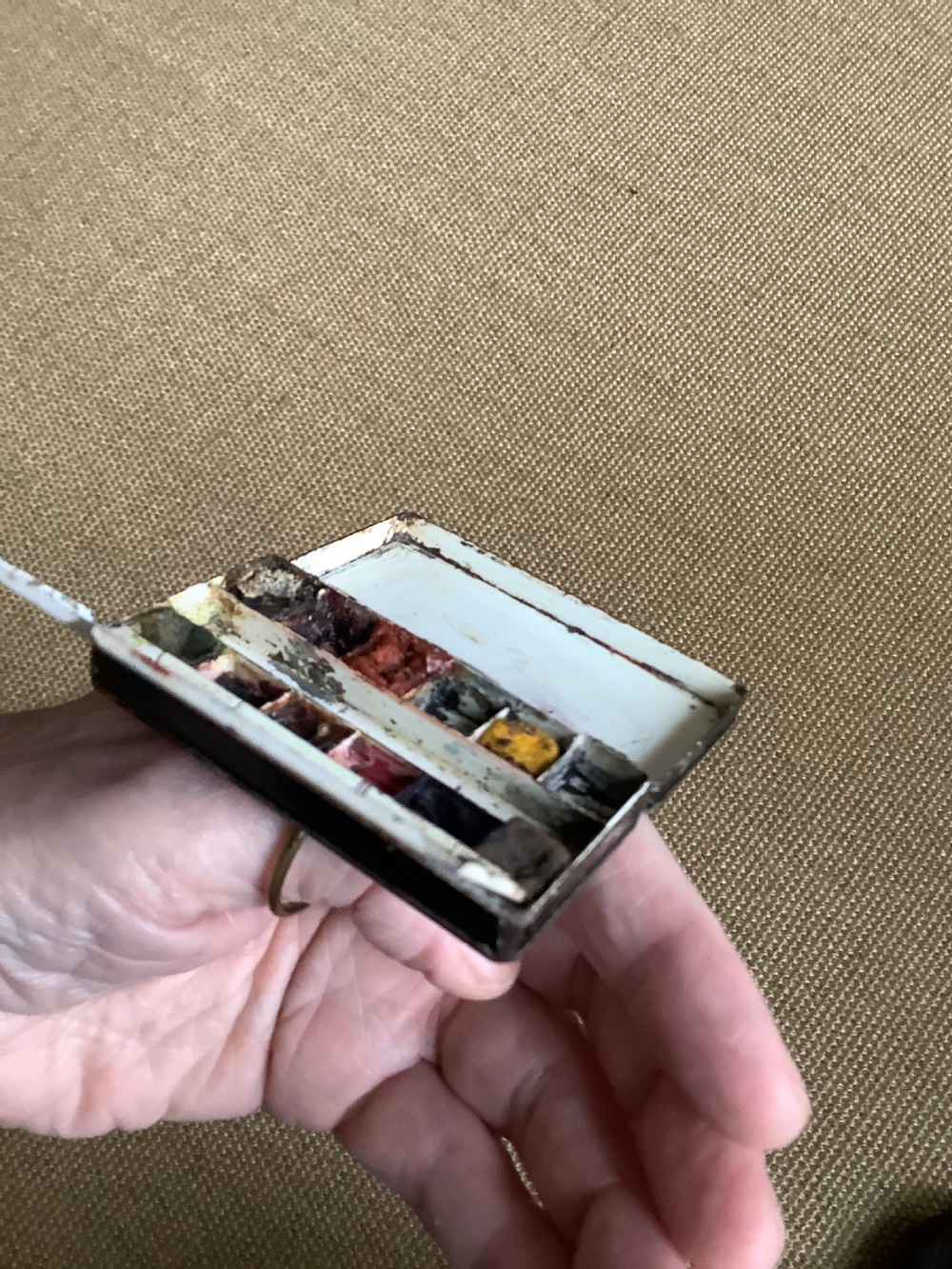 A miniature toleware artists travelling mixed paint box