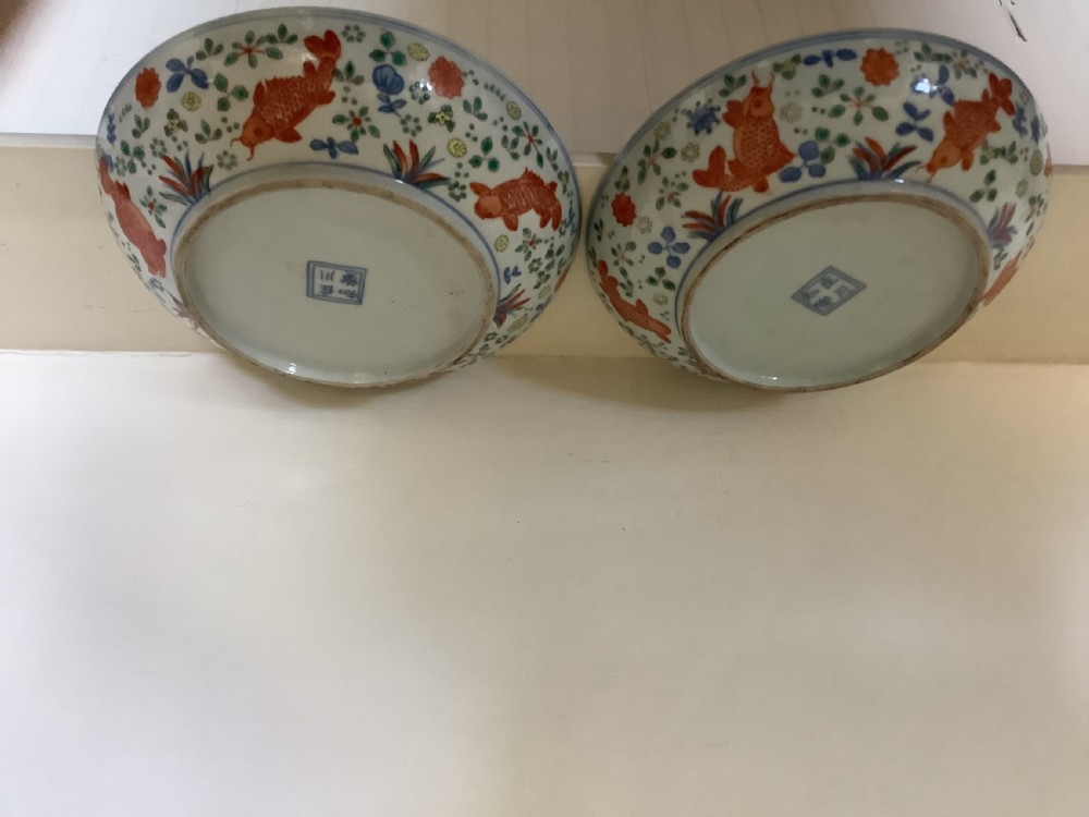 A pair of shallow circular porcelain dishes decorated with hand-painted iron-red carp and green aquatic plants inside a floral border. View V