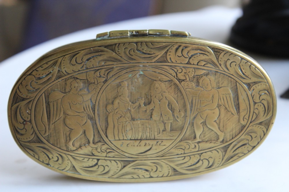 A rare and interesting Dutch 18th century heavy gauge brass table snuff or tobacco box 