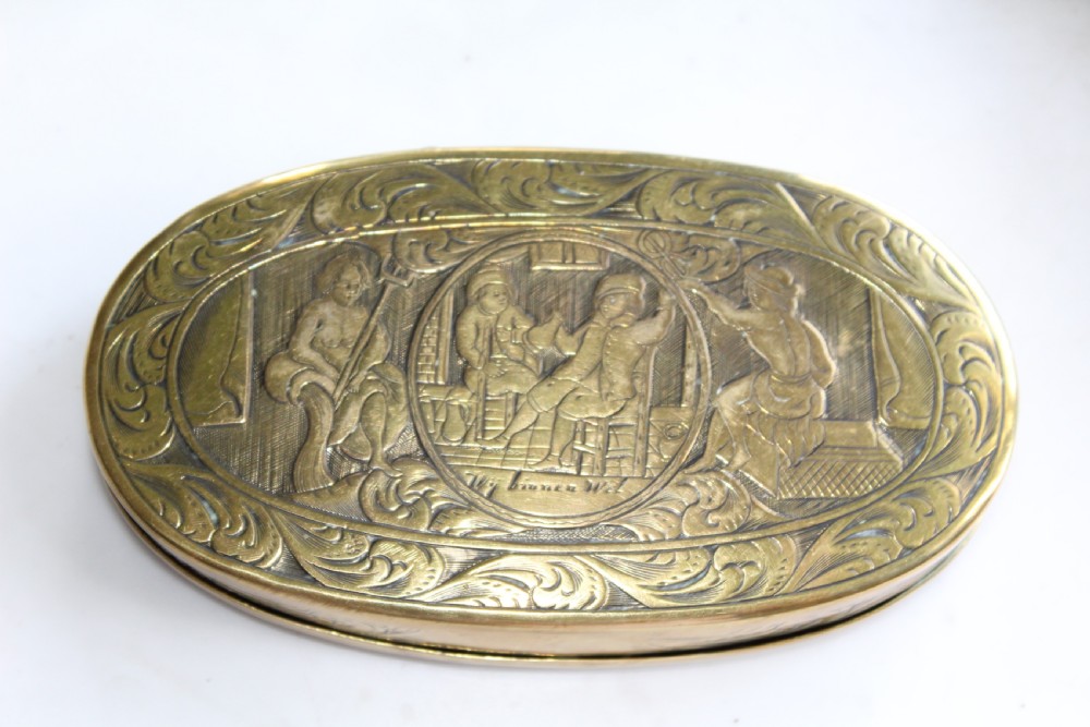 A rare and interesting Dutch 18th century heavy gauge brass table snuff or tobacco box  View III