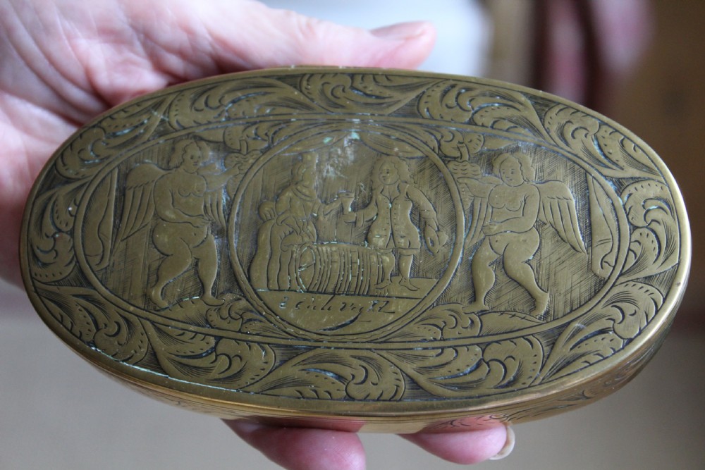 A rare and interesting Dutch 18th century heavy gauge brass table snuff or tobacco box  View VII