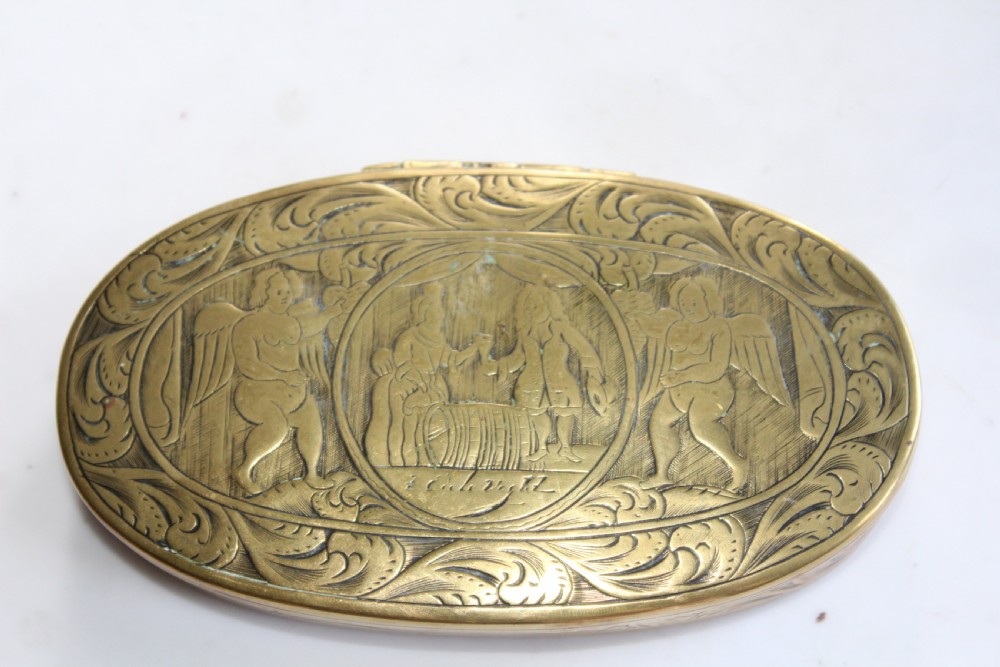 A rare and interesting Dutch 18th century heavy gauge brass table snuff or tobacco box  View V