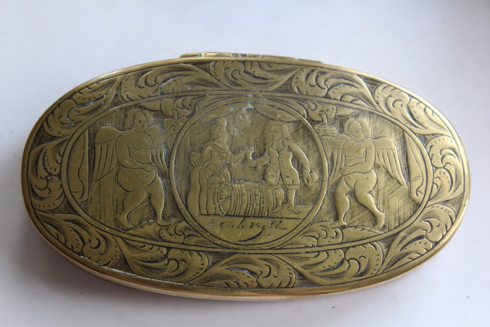A rare and interesting Dutch 18th century heavy gauge brass table snuff or tobacco box  View VI