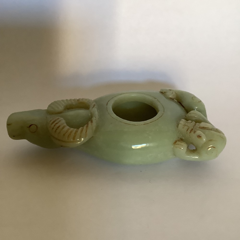 A very finely carved Chinese celadon jade brush washer