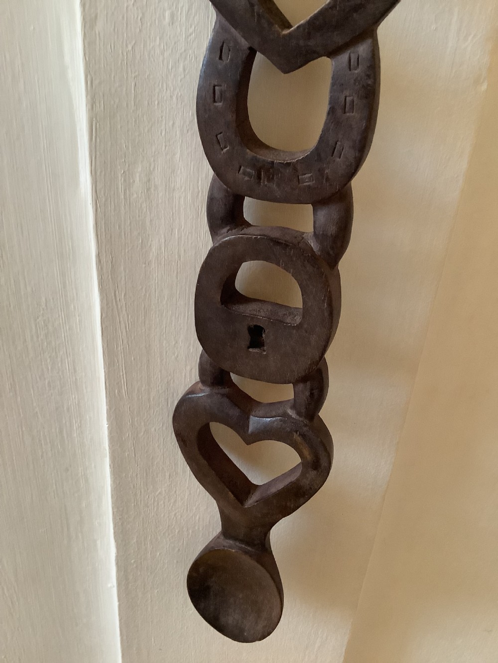 A very intricately carved Welsh love spoon carved from one piece of wood View V