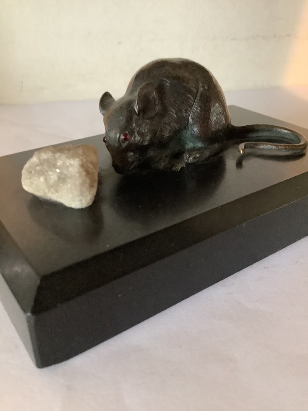 A delightful and charming bronze mouse paperweight on a black marble base  View II