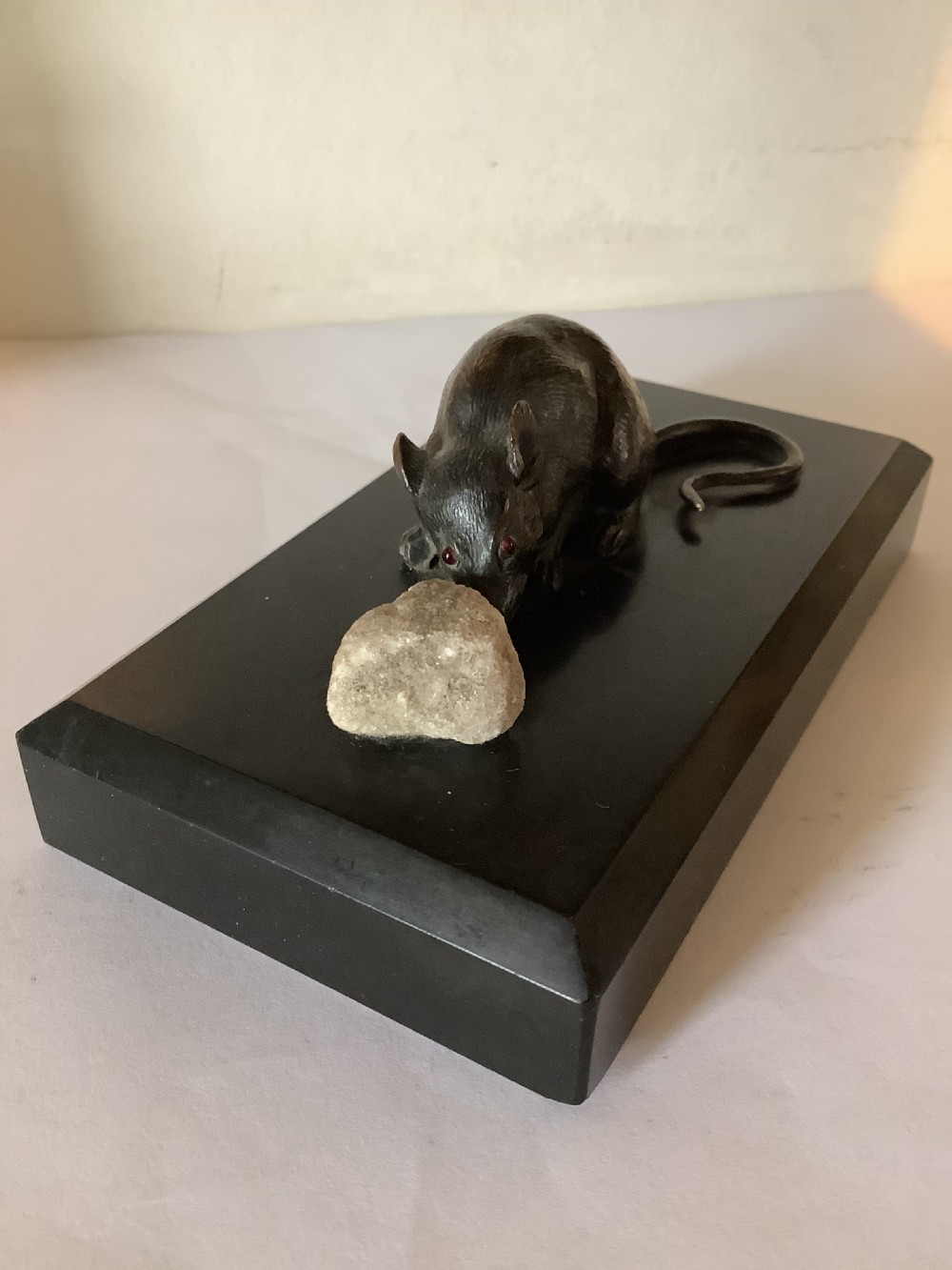 A delightful and charming bronze mouse paperweight on a black marble base  View IV