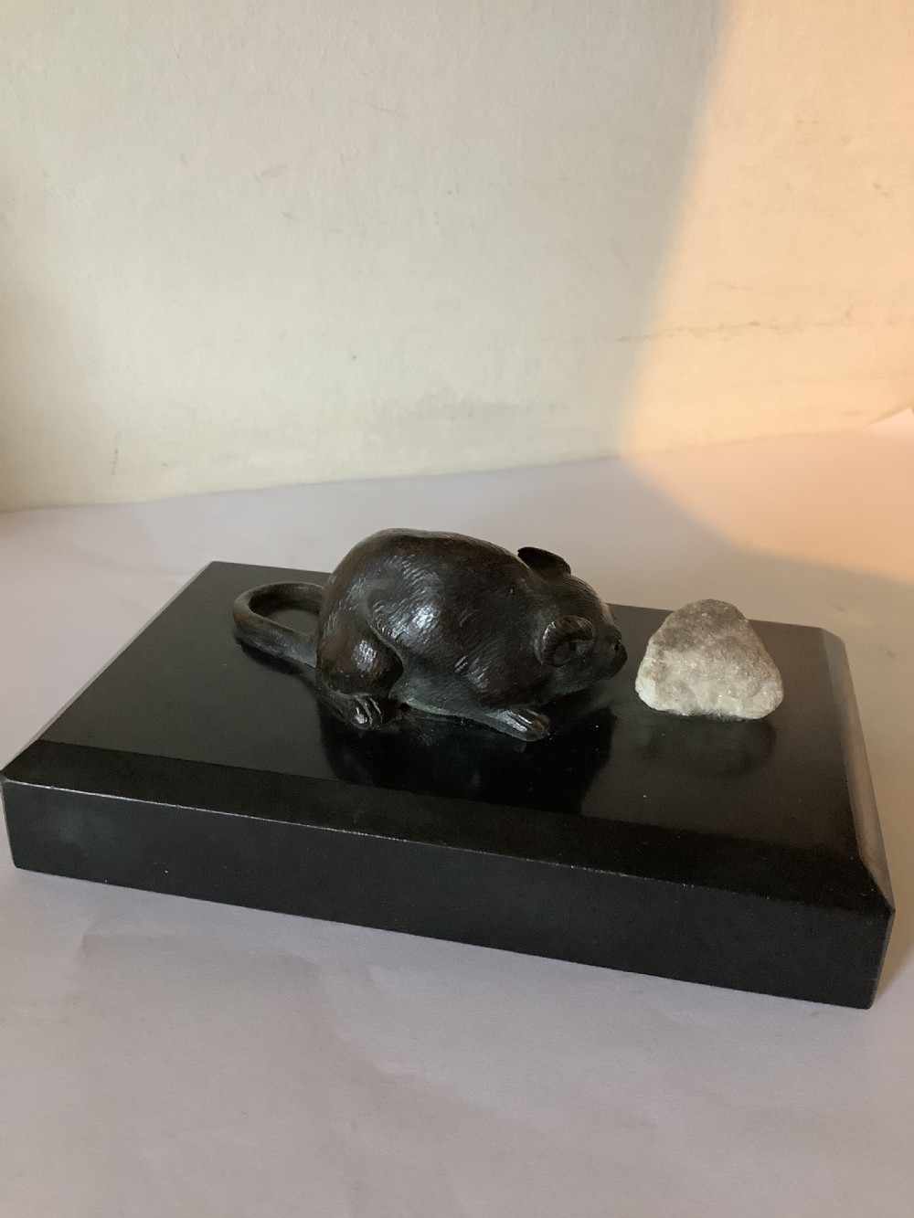A delightful and charming bronze mouse paperweight on a black marble base  View VI