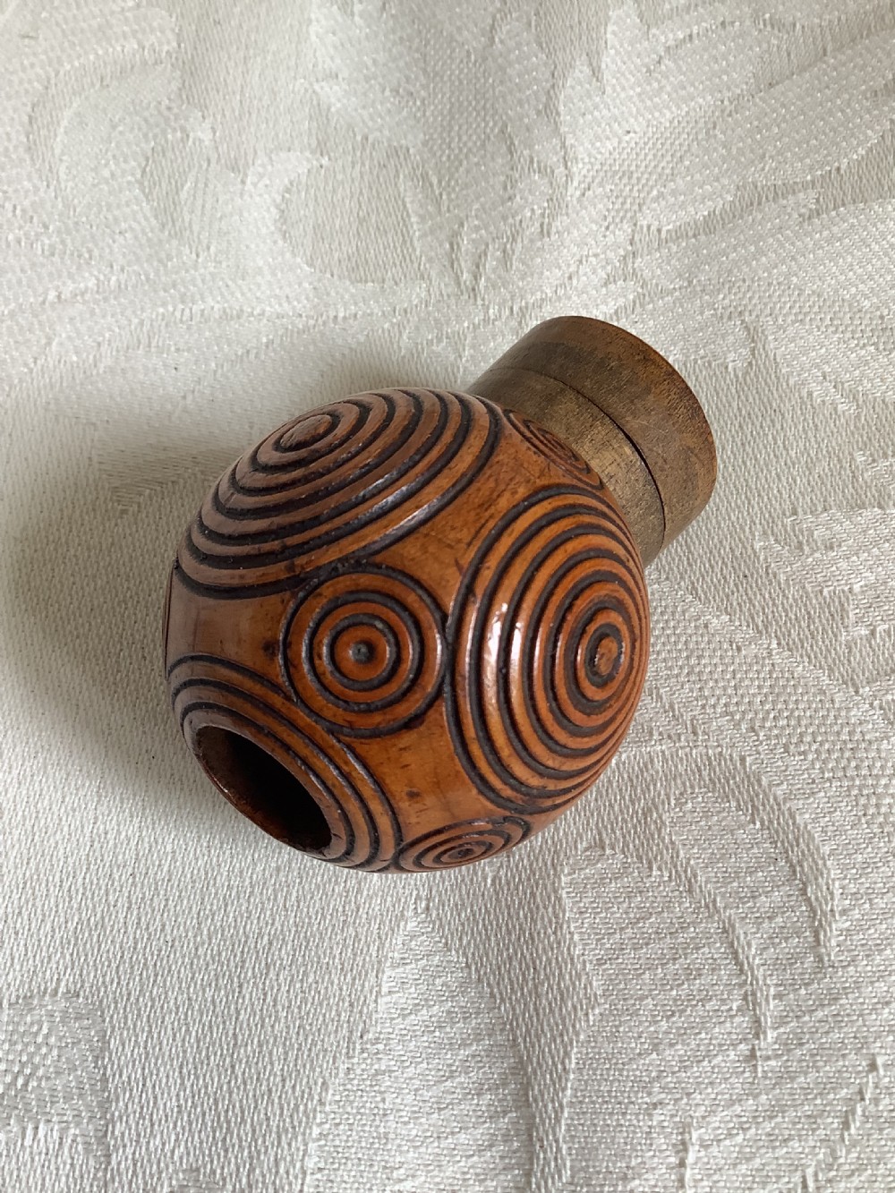 A rare unusual and very entertaining wood snuff puzzle ball possibly Scottish View V