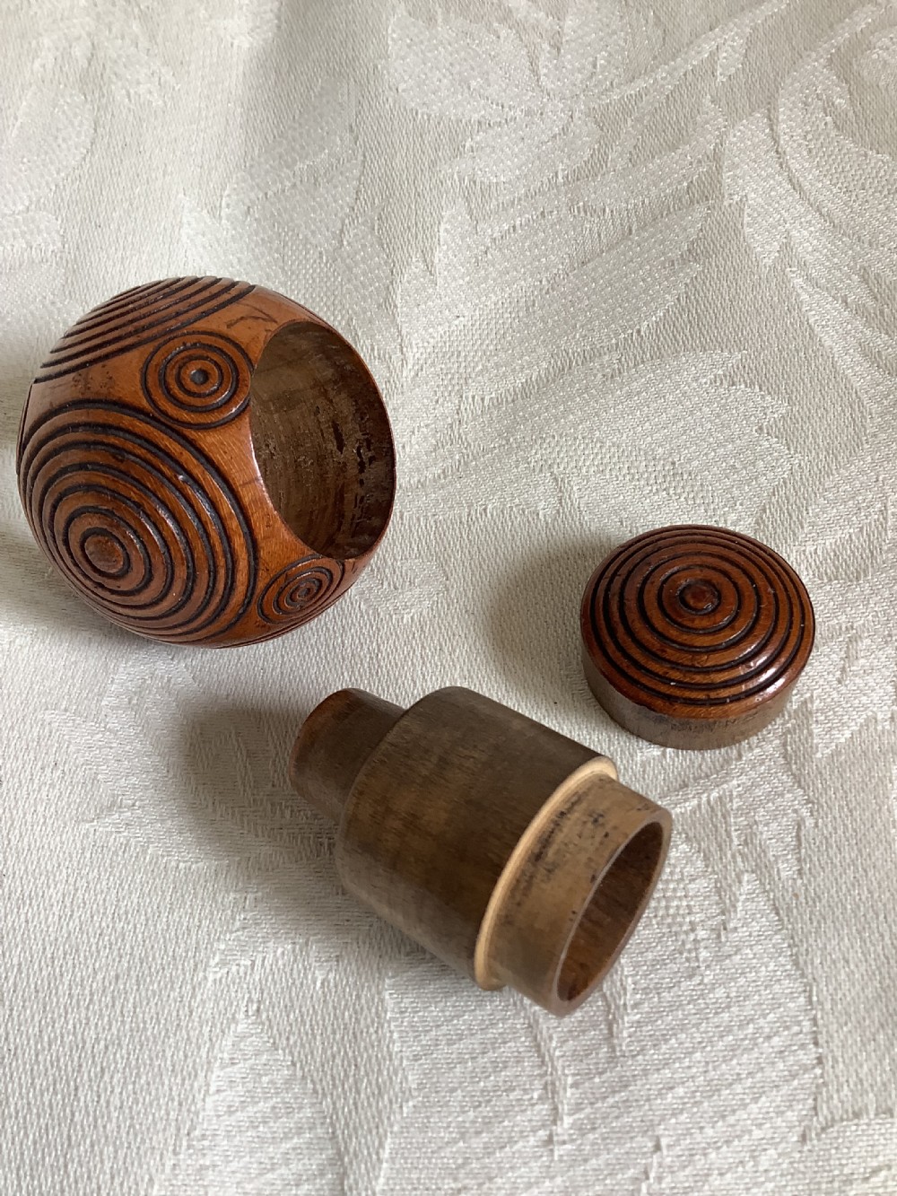 A rare unusual and very entertaining wood snuff puzzle ball possibly Scottish View VII