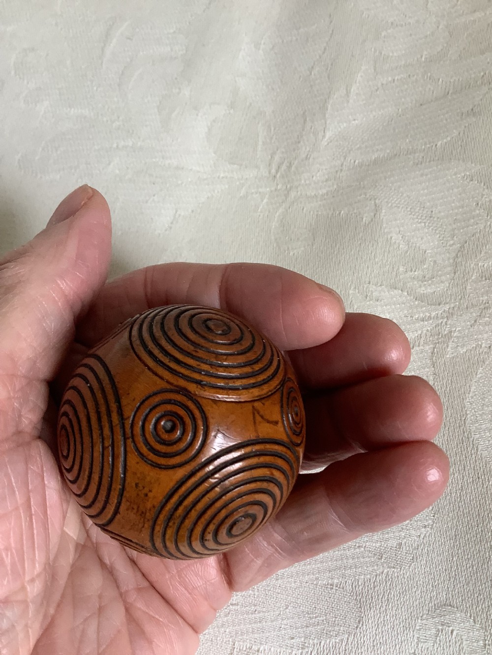 A rare unusual and very entertaining wood snuff puzzle ball possibly Scottish View VIII