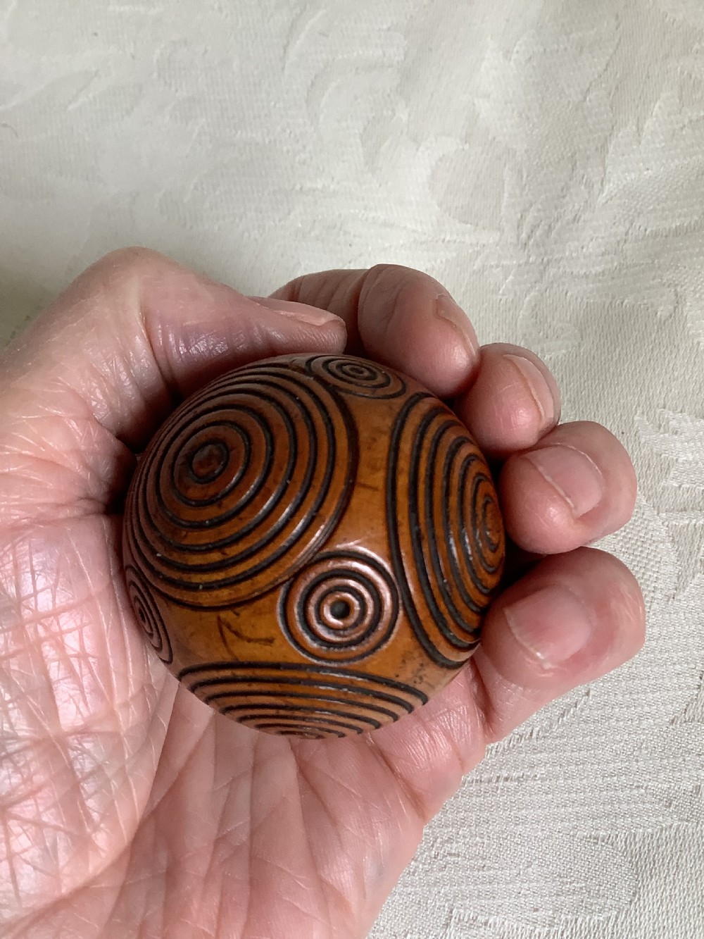 A rare unusual and very entertaining wood snuff puzzle ball possibly Scottish View IX