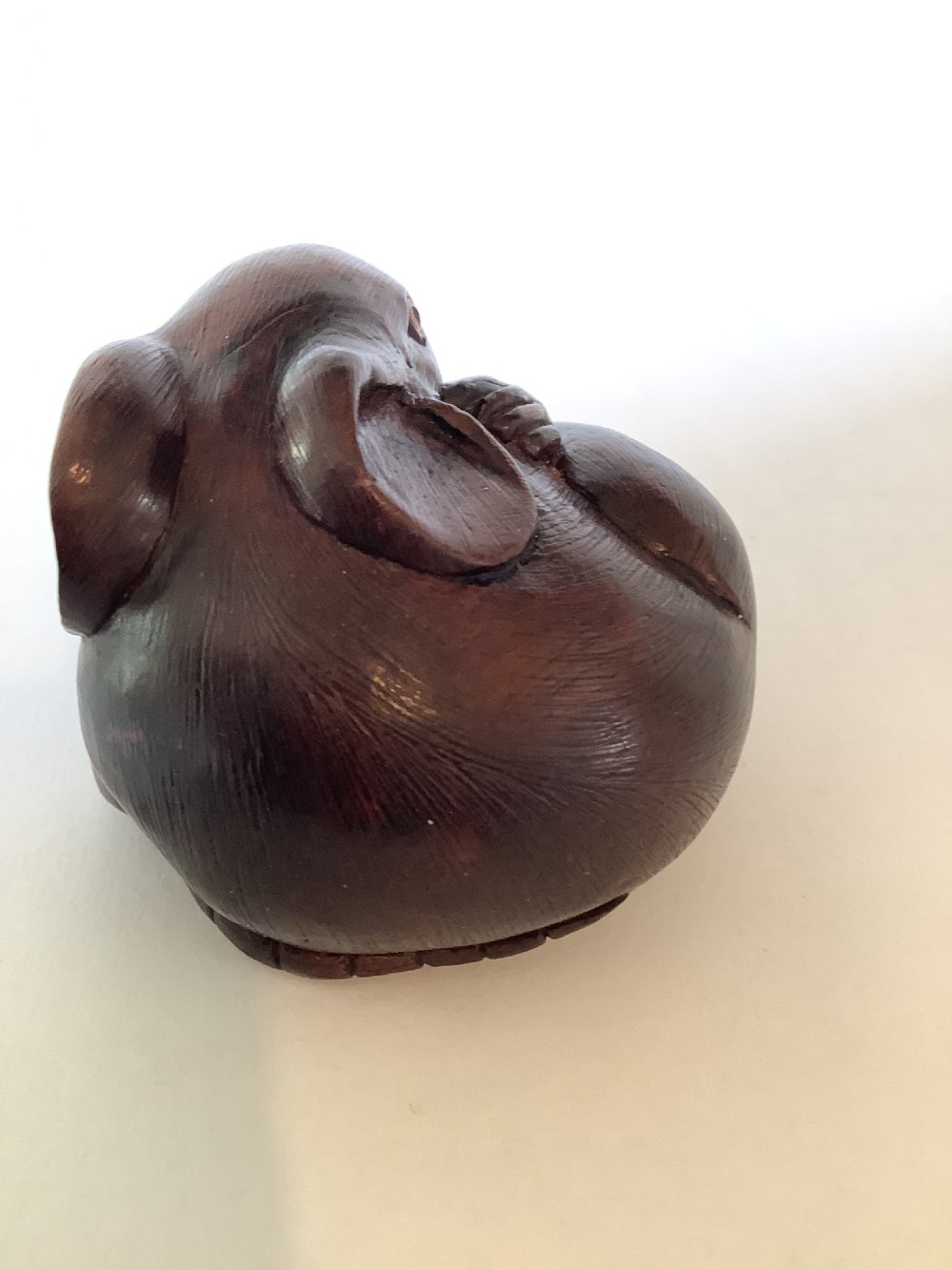 A small dark brown carved wooden okimono depicting a curled rodent with hair texture and inlaid eyes. View IV