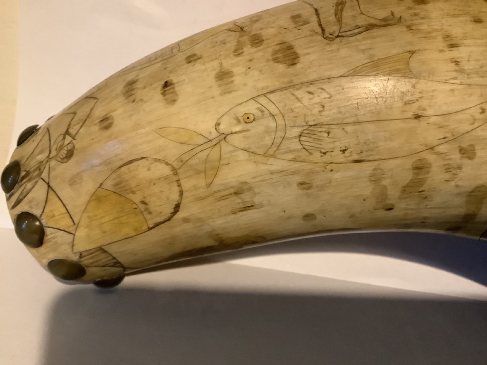 A curved antique powder horn featuring geometric scrimshaw engravings, brass studs along the borders, and a turned wooden plug. View V