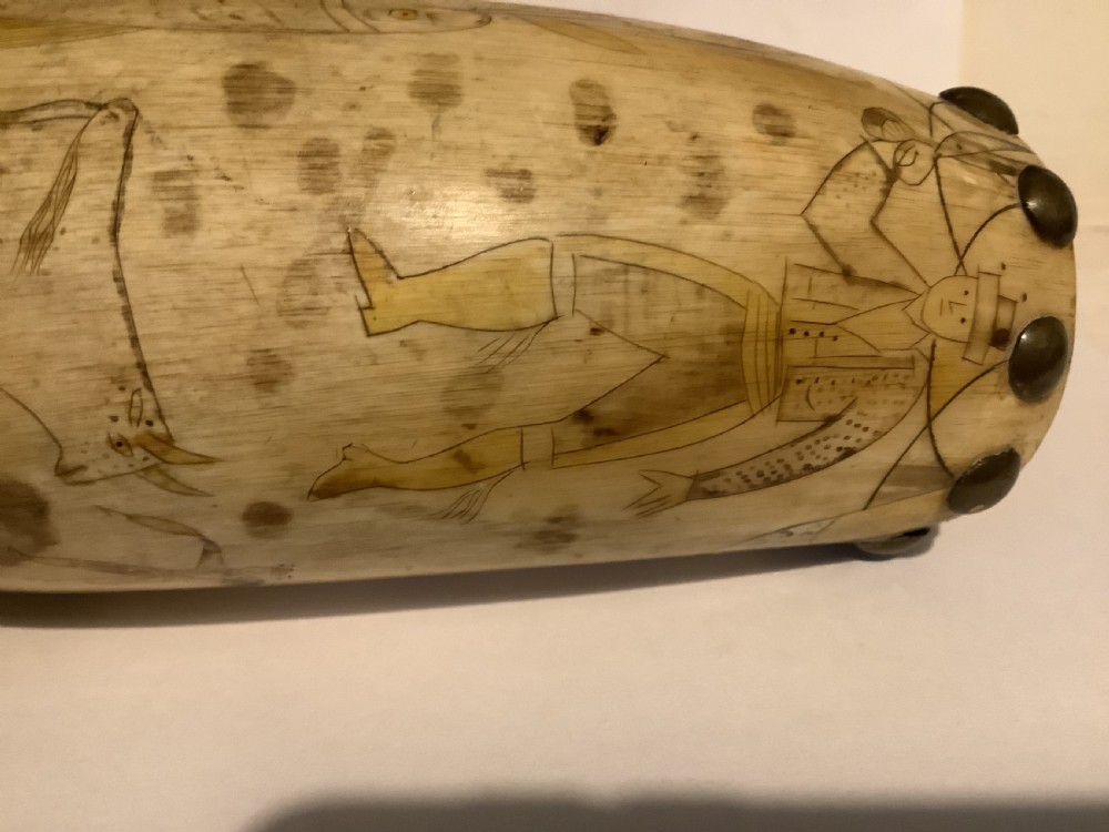 A curved antique powder horn featuring geometric scrimshaw engravings, brass studs along the borders, and a turned wooden plug. View VI