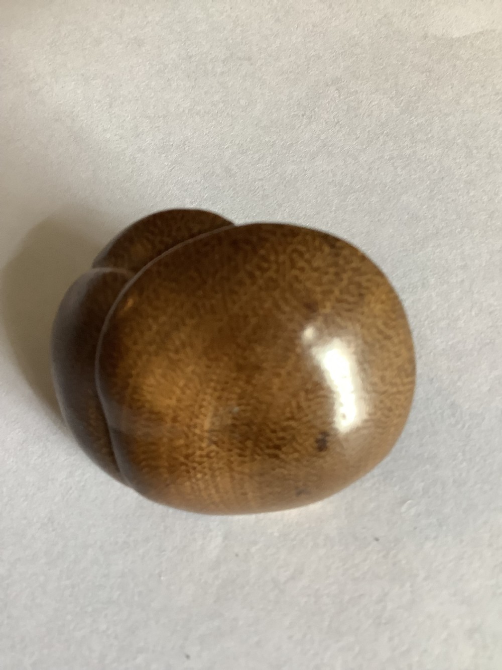 A small, finely carved wooden netsuke depicting a naturalistic cluster of mushrooms with detailed underside gills. View V