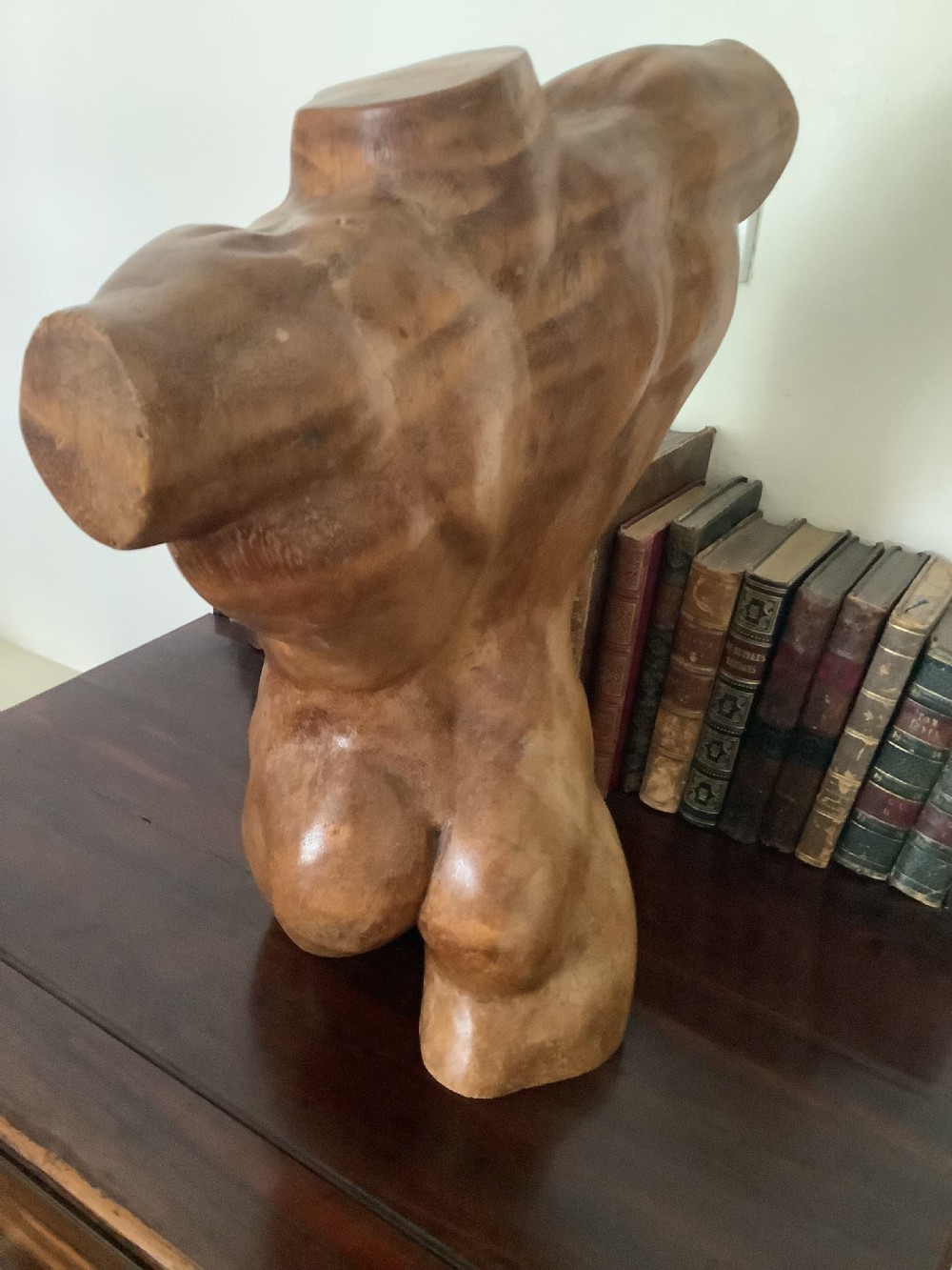 A three-dimensional carved hardwood sculpture depicting a classical male torso with defined muscle structure and a smooth polished finish. View V