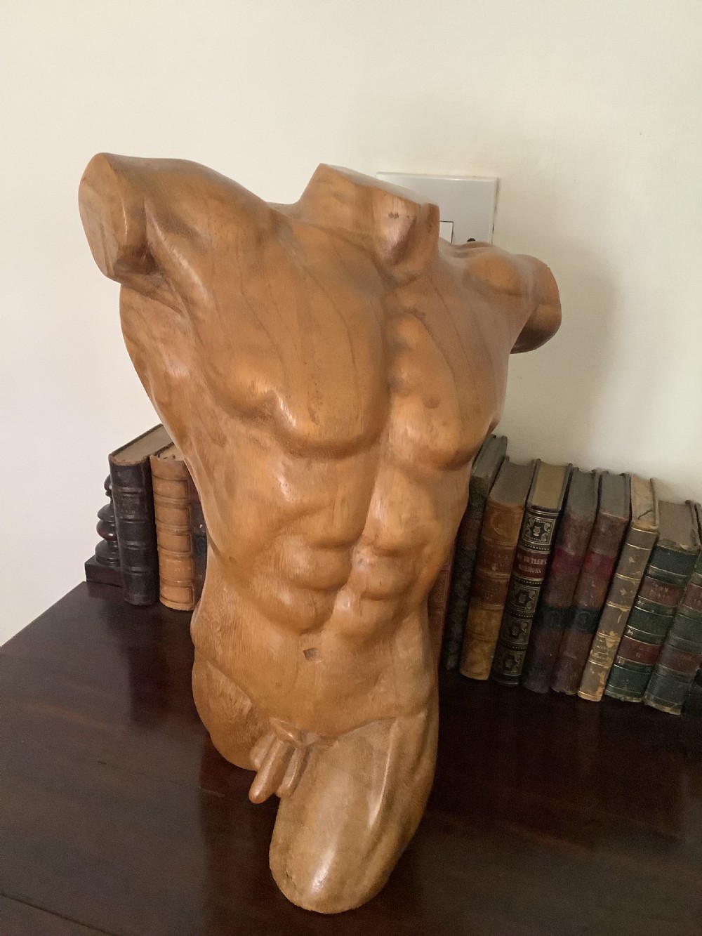 A three-dimensional carved hardwood sculpture depicting a classical male torso with defined muscle structure and a smooth polished finish. View VI