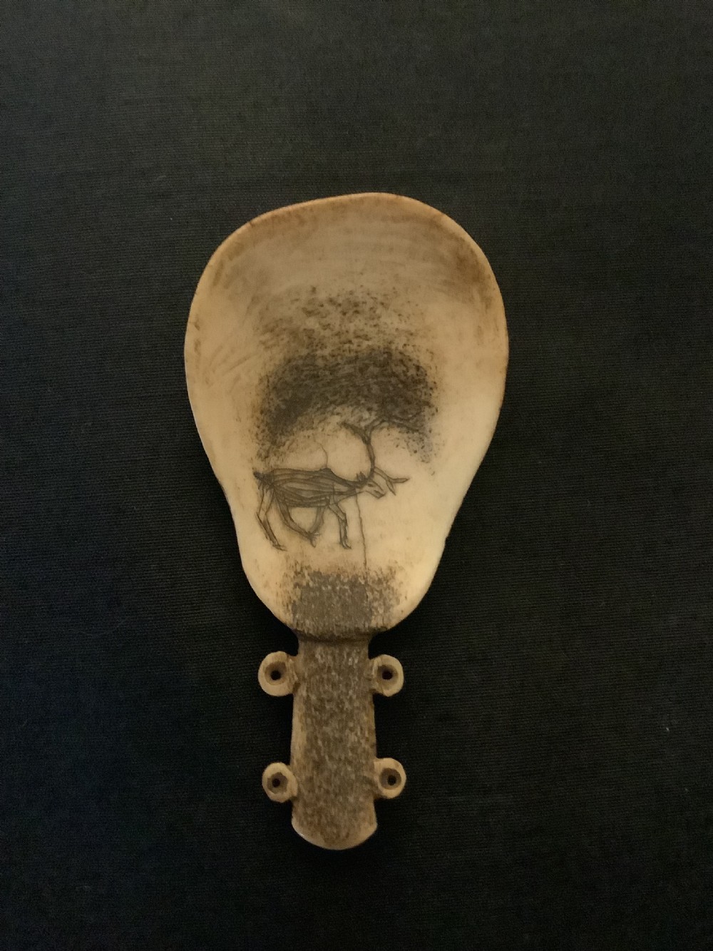 A hand-carved bone or antler spoon featuring an etched drawing of a caribou on the shallow cream-coloured bowl and a textured handle with four side loops. View V