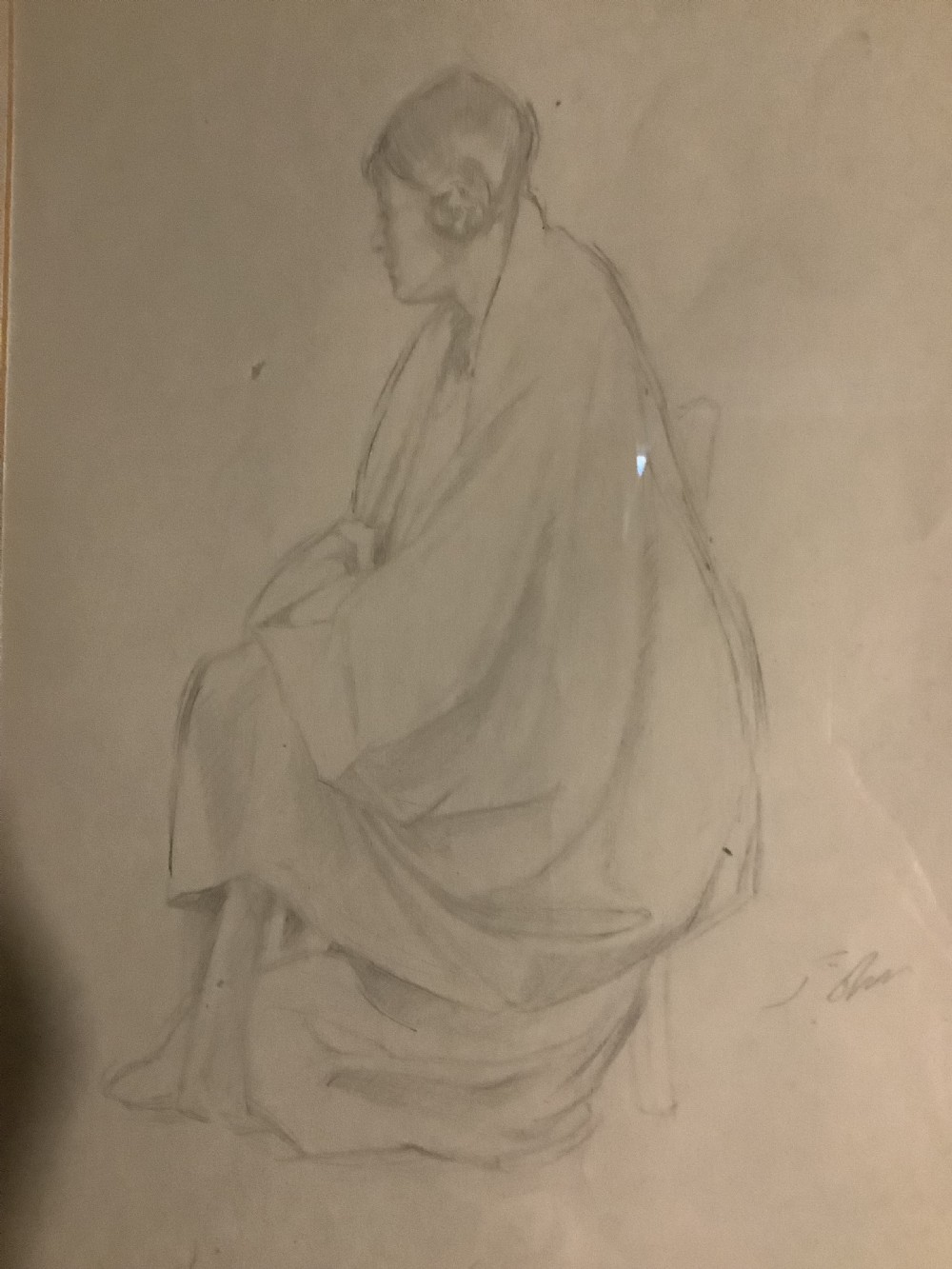 A framed monochrome pencil sketch depicting a seated draped female figure, presented in a neutral double mount within a moulded wooden frame. View VIII