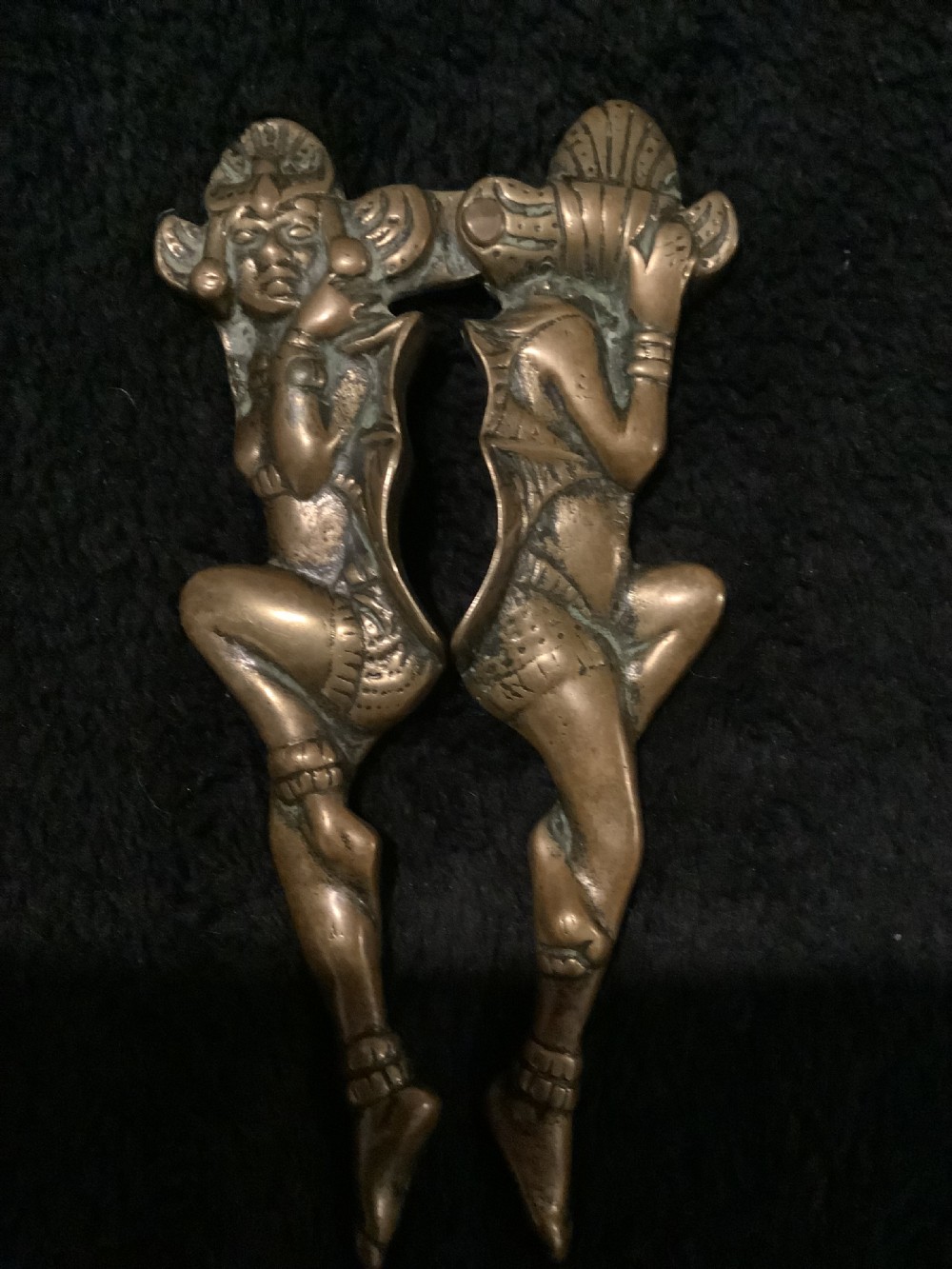 A cast brass novelty nutcracker fashioned in the form of two articulated dancing female figures. View VI